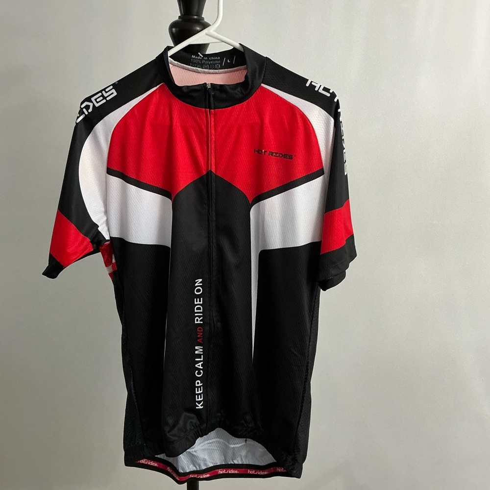 Hot Rides Cycling Jersey Men’s Large Black Red White Full Zip